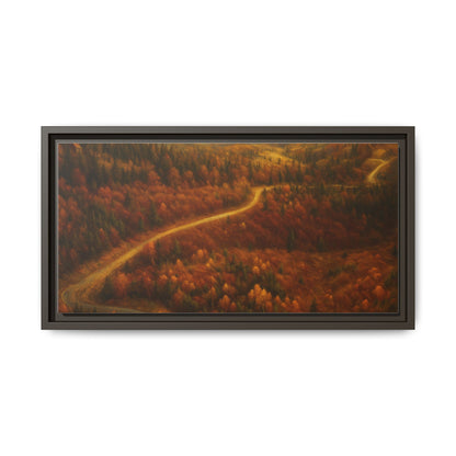 Framed matte canvas print of autumn forest road landscape wall art by Printify, showcasing vibrant fall trees and scenic nature path.