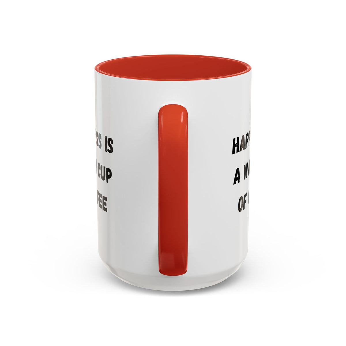Ceramic coffee mug with "Happiness Is A Warm Cup Of Coffee" slogan, featuring a white background and black text.
