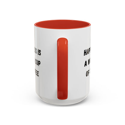 Ceramic coffee mug with "Happiness Is A Warm Cup Of Coffee" slogan, featuring a white background and black text.