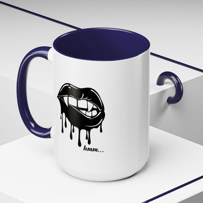 Black dripping lips accent coffee mug with bite graphic, 11oz or 15oz, by Printify, featuring a bold lip design on ceramic mug.