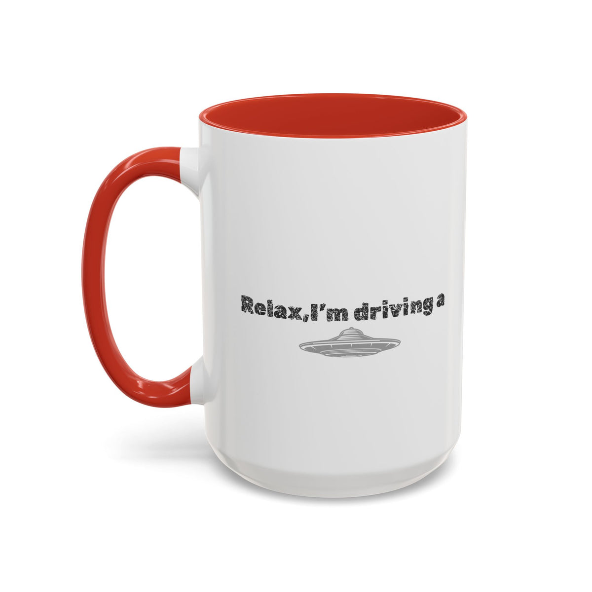 Ceramic coffee mug with "Relax, I’m Driving" UFO accent design, 11 oz, Printify brand, featuring colorful space-themed artwork.