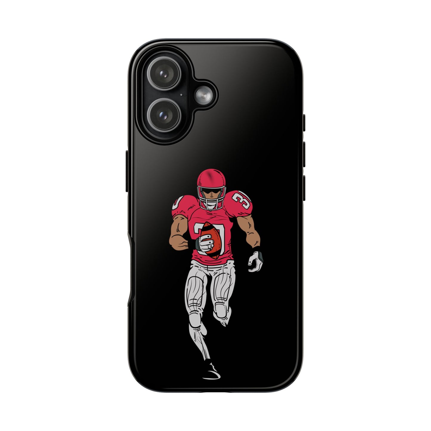 Black football player tough phone case for iPhone, durable protective sports-themed case by Printify.