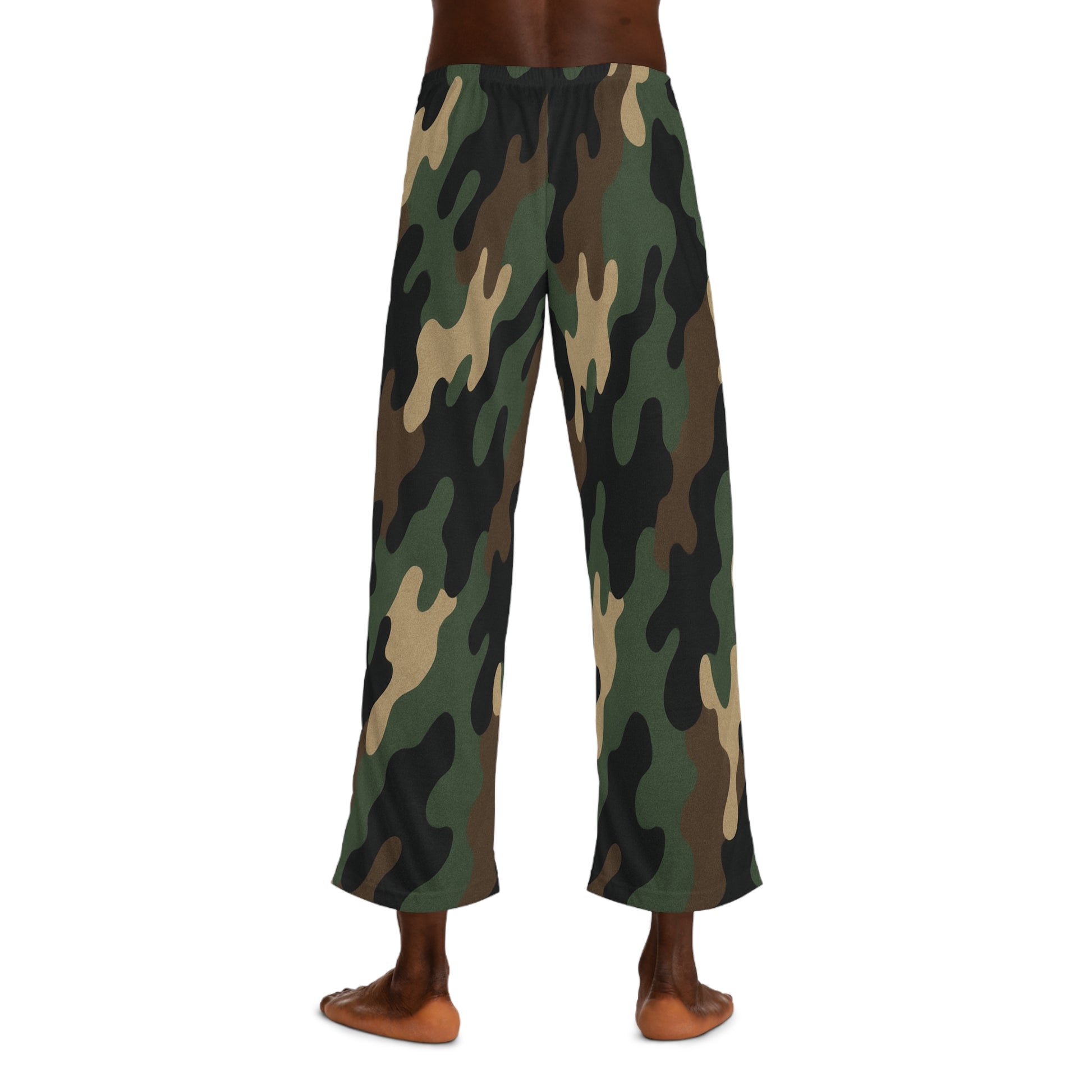 Men's camo lounge pajama pants with all-over print, comfortable sleepwear from Printify featuring a camouflage design.