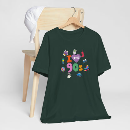 I  Love the 90's Short Sleeve Tee - Retro Graphic Tee, Vintage Style Shirt, Perfect for Casual Outings, 90s Nostalgia Apparel