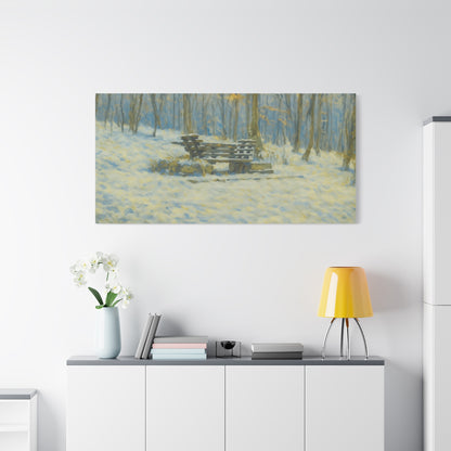 Winter woodland scene featuring a snowy park bench on a matte canvas print, 1.25-inch stretch, by Printify.