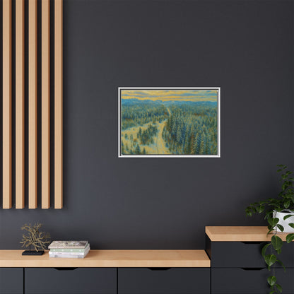 Framed matte canvas print of a serene winter forest landscape by Printify, featuring snowy trees and tranquil woodland scenery.