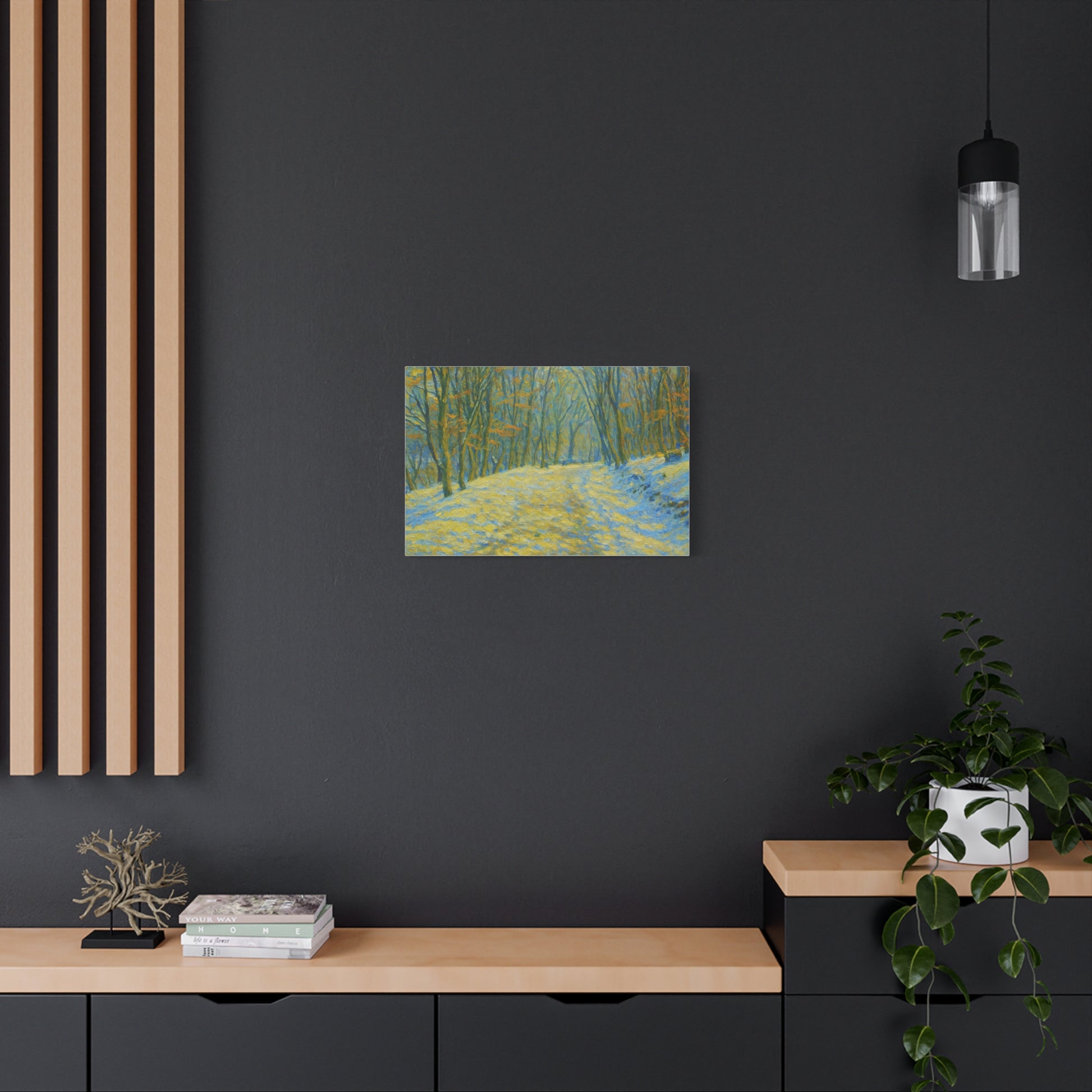 Winter landscape canvas wall art by Printify featuring a cozy nature scene, perfect for living room decor.