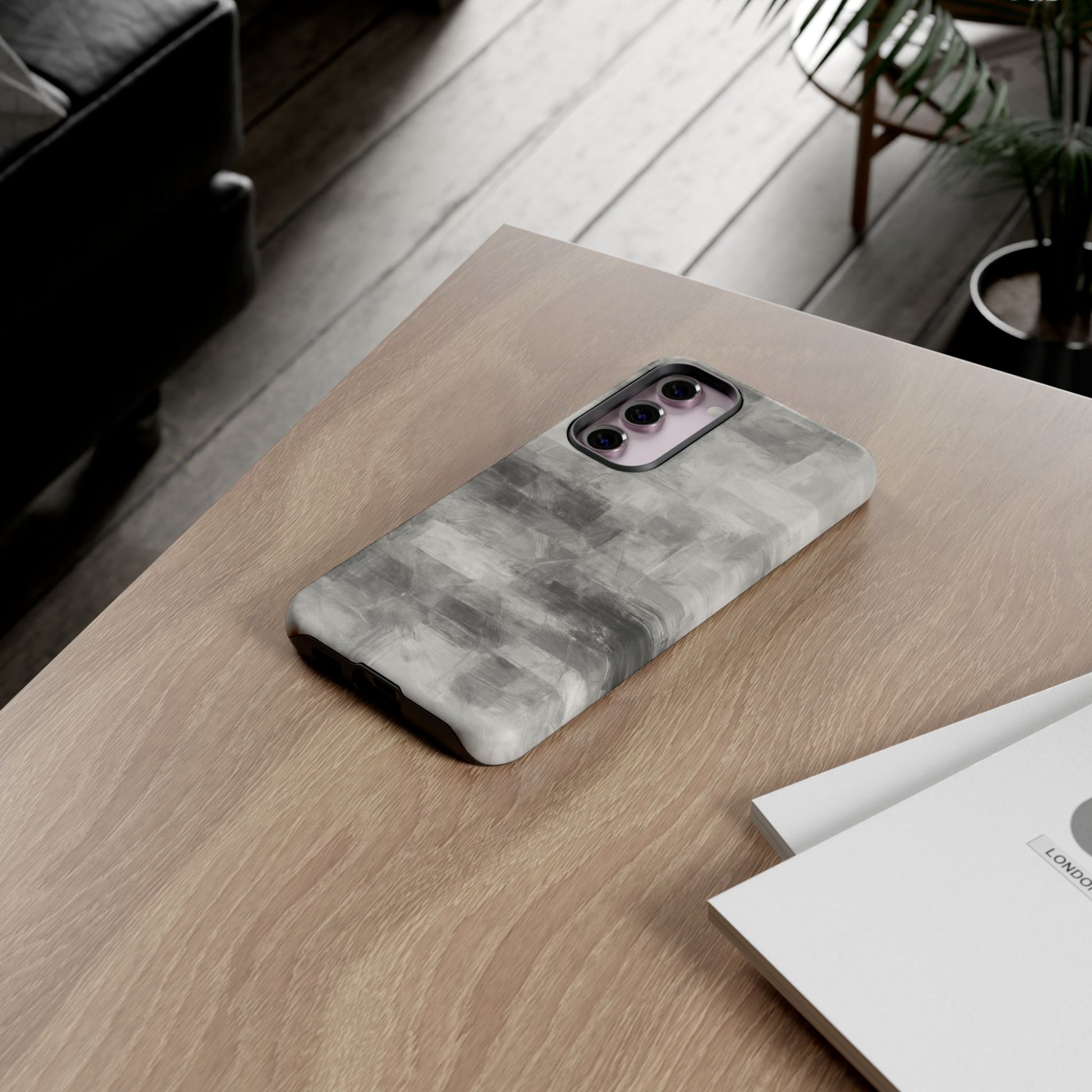 Abstract gray grid phone case for iPhone, tough protective cover by Printify with modern geometric design.