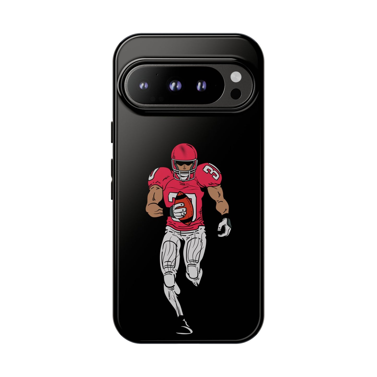 Black football player tough phone case for iPhone, protective sports-themed case by Printify with athletic design.