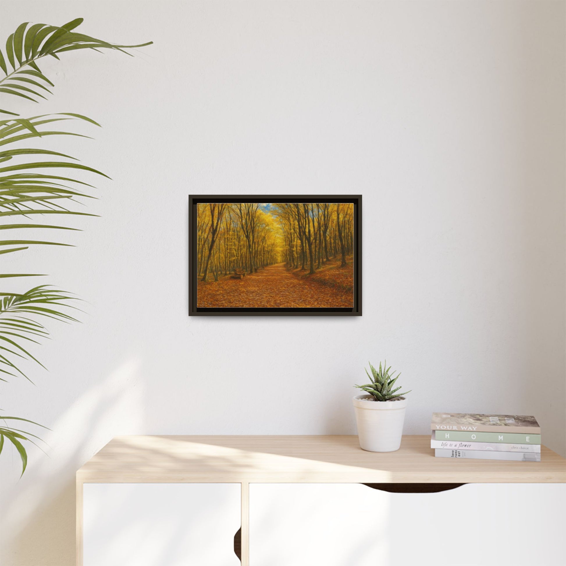Autumn forest path matte canvas wall art by Printify featuring vivid fall colors and a scenic woodland trail.