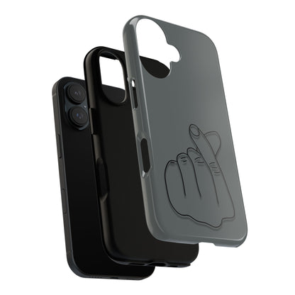 Silicone phone case with embossed Korean finger heart design, compatible with smartphones, by Printify.