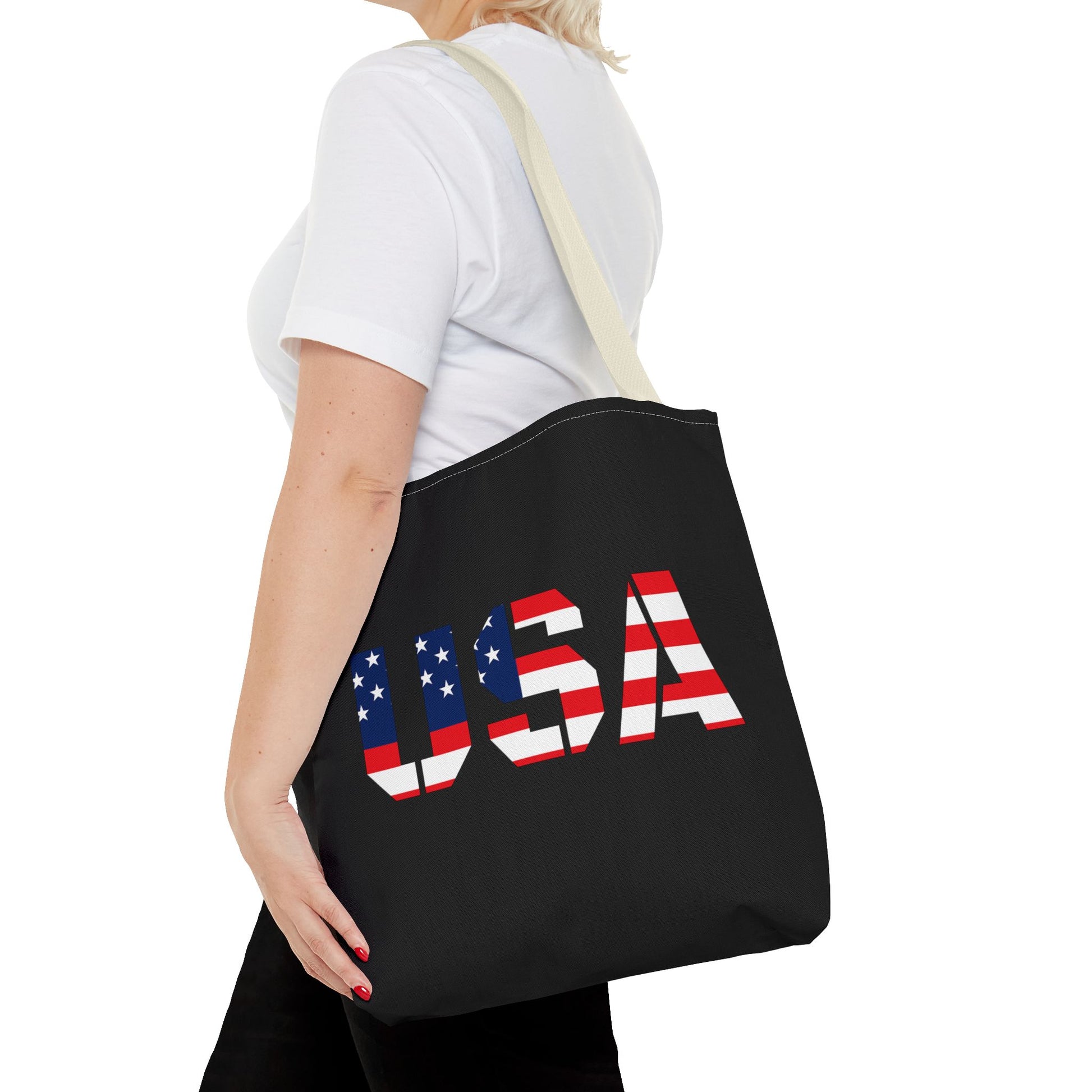 Patriotic USA flag tote bag by Printify, reusable summer carryall with 4th of July design and durable fabric.