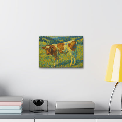 Rustic cow in meadow canvas print, farmhouse wall art by Printify featuring a pastoral farm scene with a cow in nature.