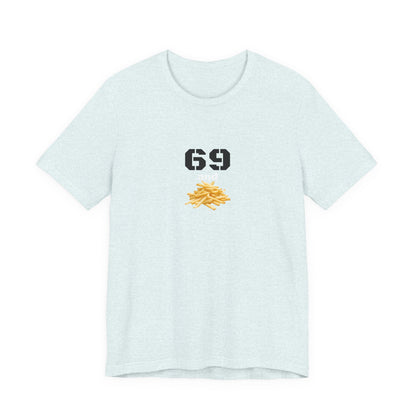 Unisex graphic T-shirt featuring a humorous 69 and French fries design, in black with colorful print, by Printify.