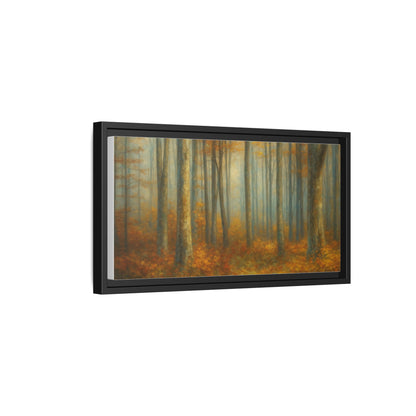 Framed autumn forest canvas print featuring misty woodland scene, wall art by Printify, with vibrant fall colors and detailed tree imagery.