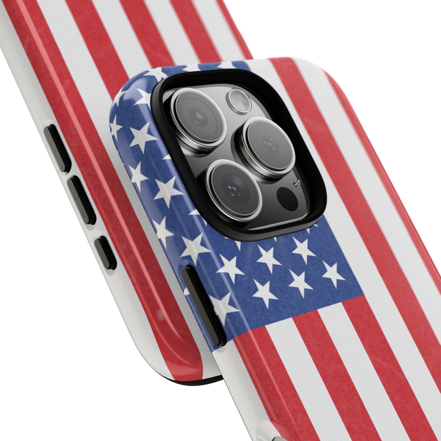 American flag tough phone case for iPhone and Samsung, patriotic protective cover with bold flag design by Printify.