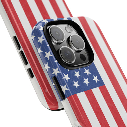 American flag tough phone case for iPhone and Samsung, patriotic protective cover with bold flag design by Printify.