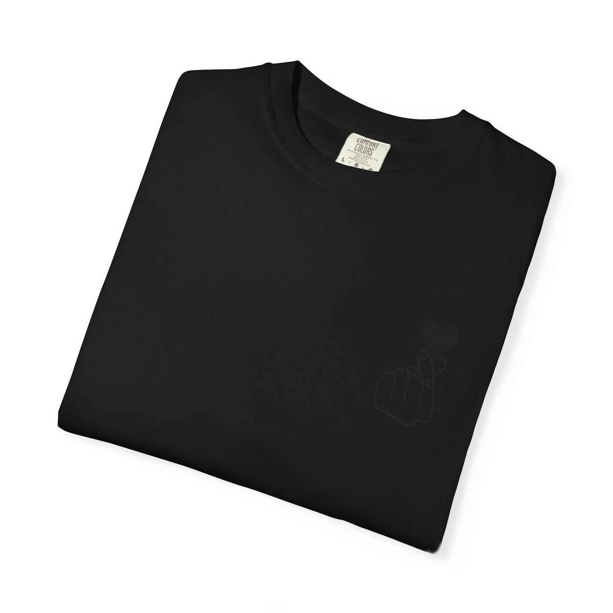 Black T-Shirt with minimal white finger heart graphic by Printify, casual unisex tee for everyday wear.