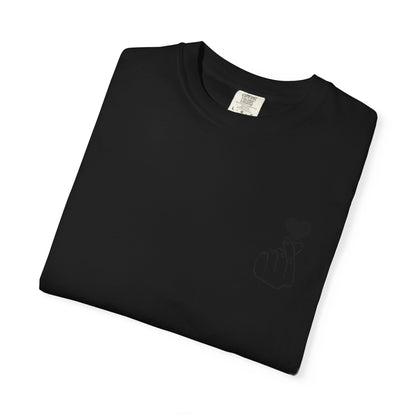 Black T-Shirt with minimal white finger heart graphic by Printify, casual unisex tee for everyday wear.