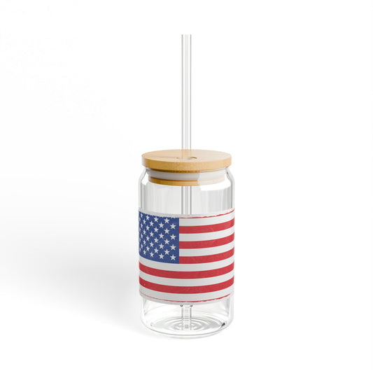 16oz American flag sipper glass mug with straw, patriotic drink tumbler featuring red, white, and blue flag design.