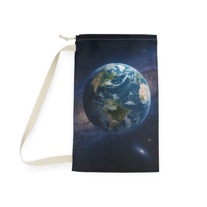 Earth globe laundry bag with planet space print, drawstring canvas pouch for laundry storage.