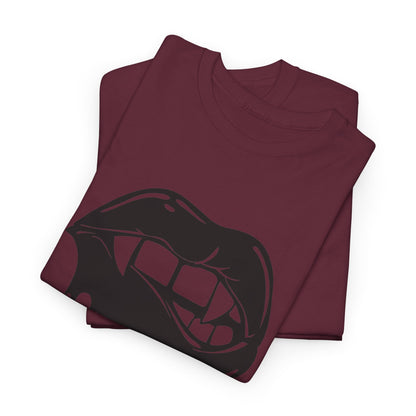 Graphic T-shirt by Printify featuring a dripping lips 'hmm...' bite design on a casual cotton tee.