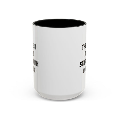 Ceramic coffee mug with "The Best Days Start With Coffee" text, 11oz, white with colorful lettering, ideal for hot beverages.