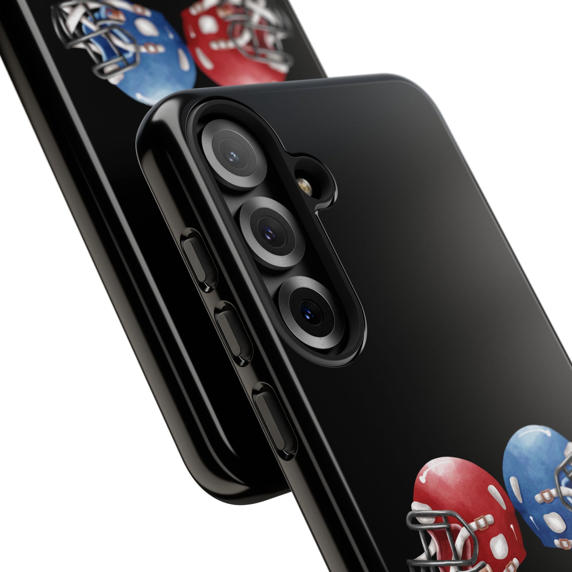 Red and blue football helmet design on a tough protective iPhone case by Printify, featuring a sporty football helmet graphic.