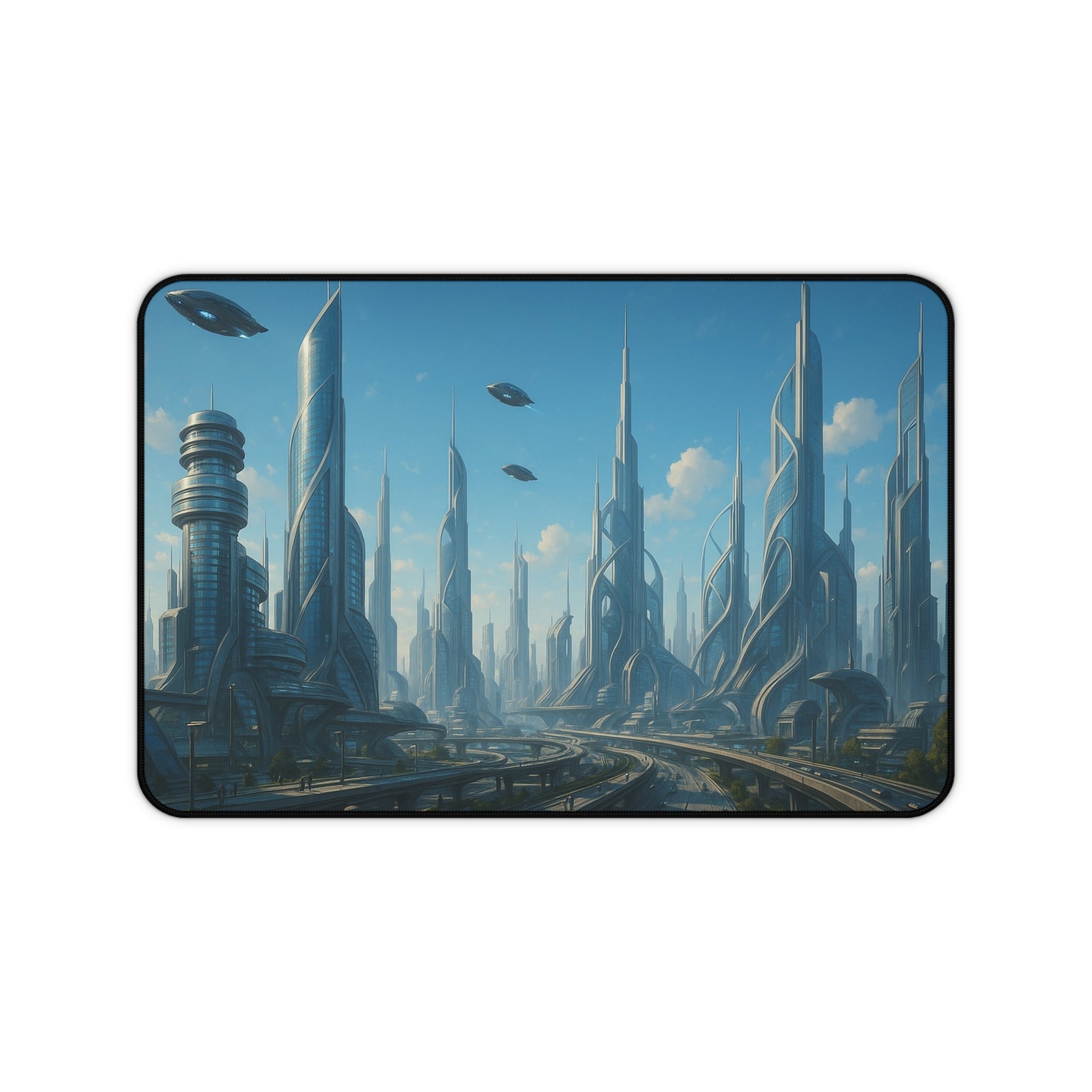 Futuristic cityscape desk mat featuring a sci-fi skyline design, ideal for mousepads and desk accessories.