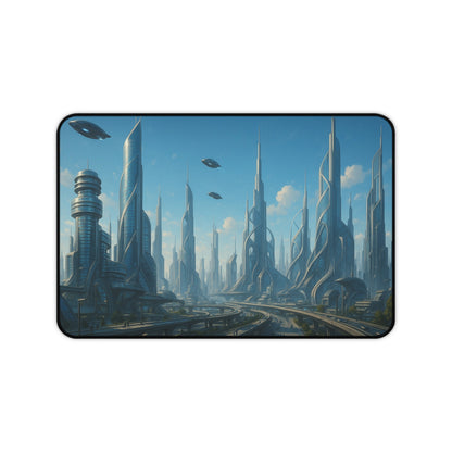 Futuristic cityscape desk mat featuring a sci-fi skyline design, ideal for mousepads and desk accessories.