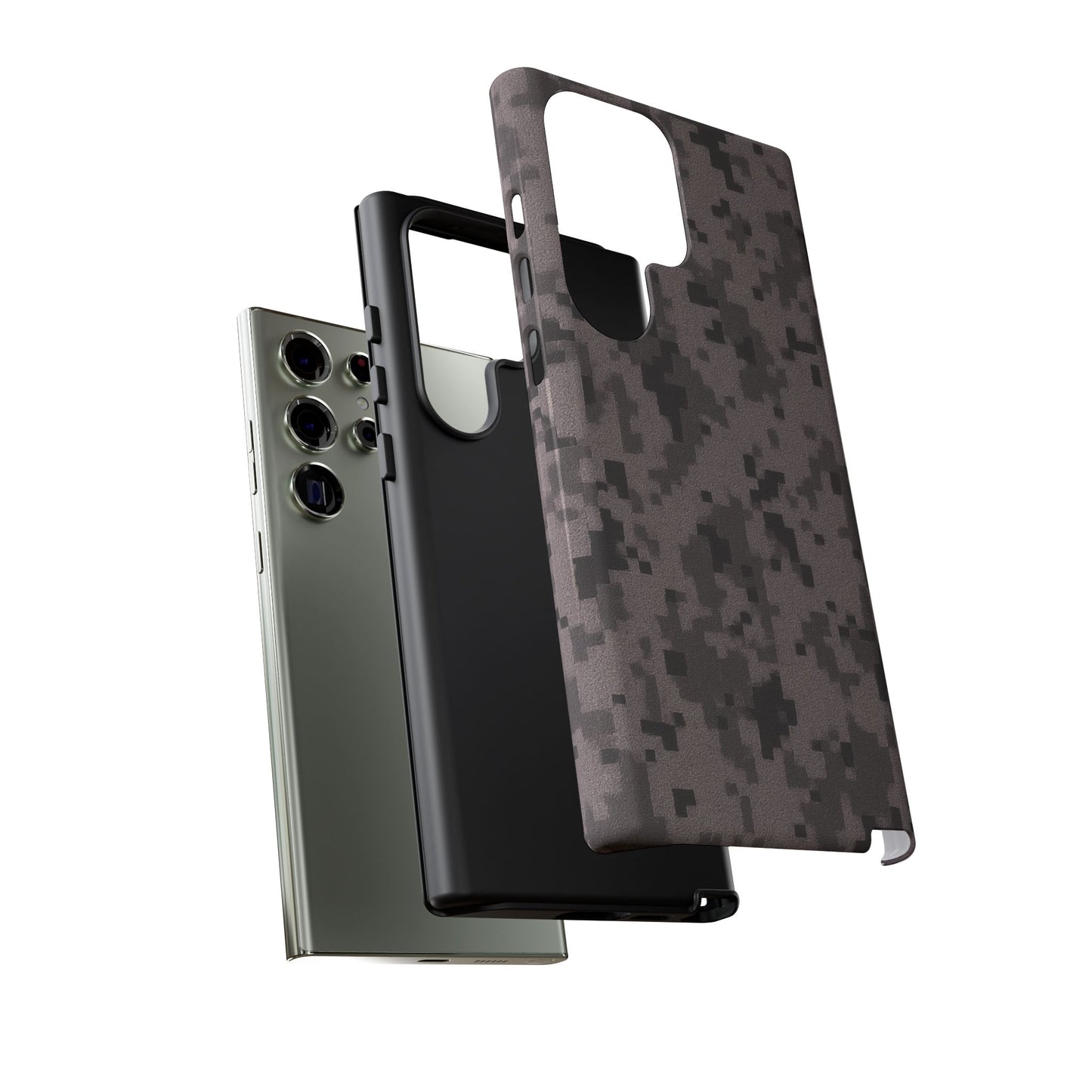 Gray digital camouflage phone case by Printify, tough protective cover designed for smartphones with a rugged camouflage pattern.