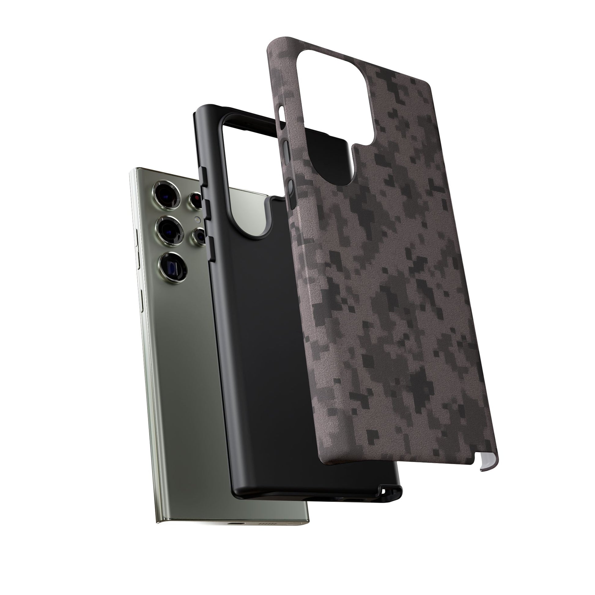 Gray digital camouflage phone case by Printify, tough protective cover designed for smartphones with a rugged camouflage pattern.