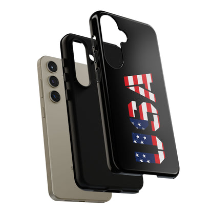 Patriotic American flag phone case for iPhone, durable tough case by Printify with bold red, white, and blue flag design.