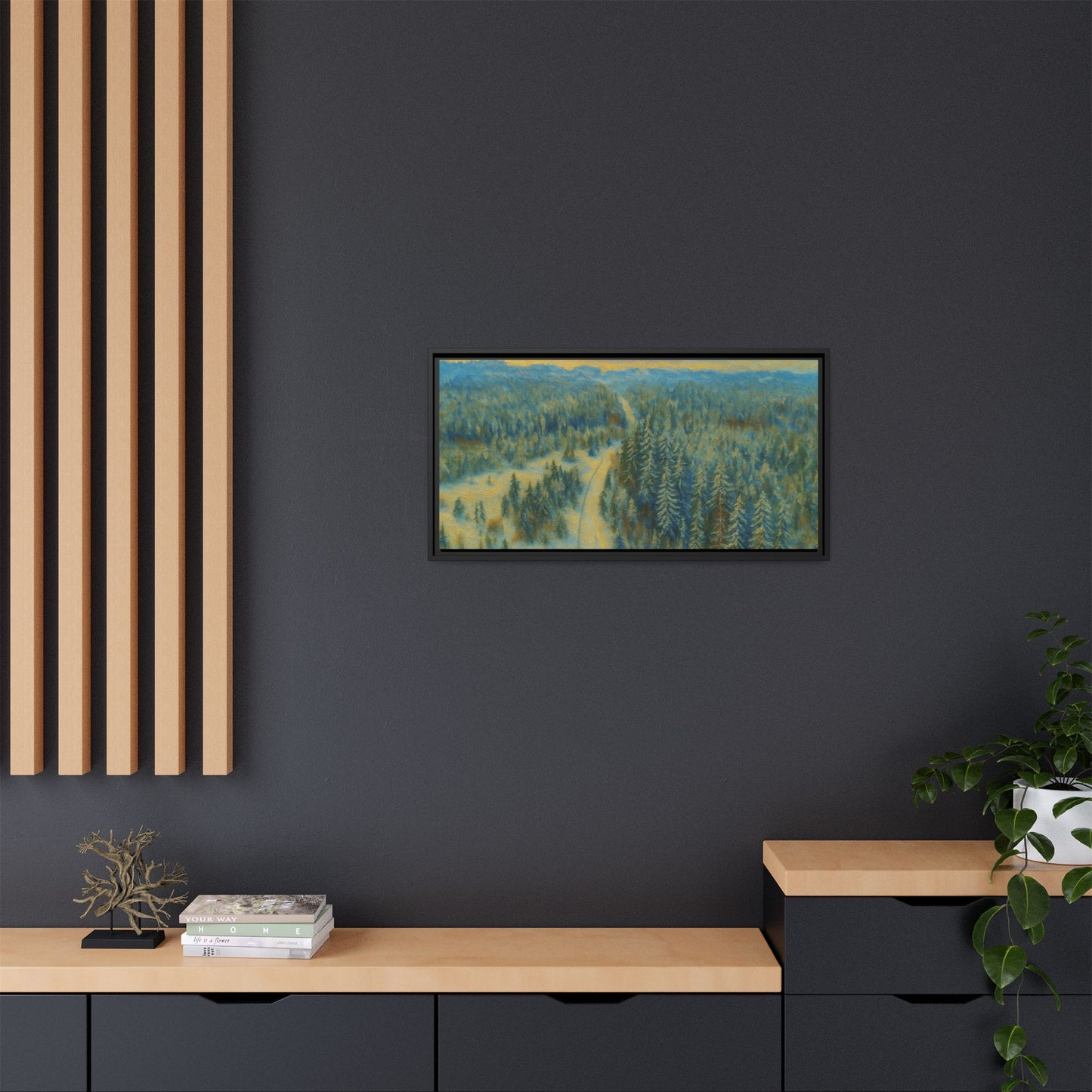 Framed matte canvas print of a serene winter forest landscape by Printify, showcasing snow-covered trees and peaceful scenery.