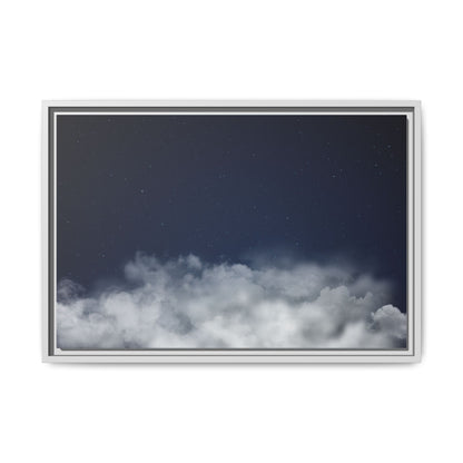 Framed night sky clouds matte canvas wall art with starry sky design, featuring dark blue and gray tones, by Printify.