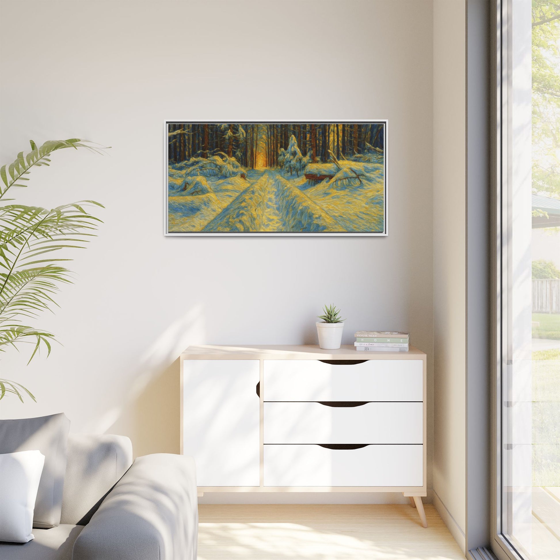 Framed matte canvas print of a snowy forest path during sunset, wall art by Printify showcasing winter landscape scenery.