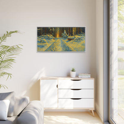 Framed matte canvas print of a snowy forest path during sunset, wall art by Printify showcasing winter landscape scenery.