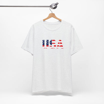 USA Flag Text Tee — Patriotic Fourth of July T-Shirt