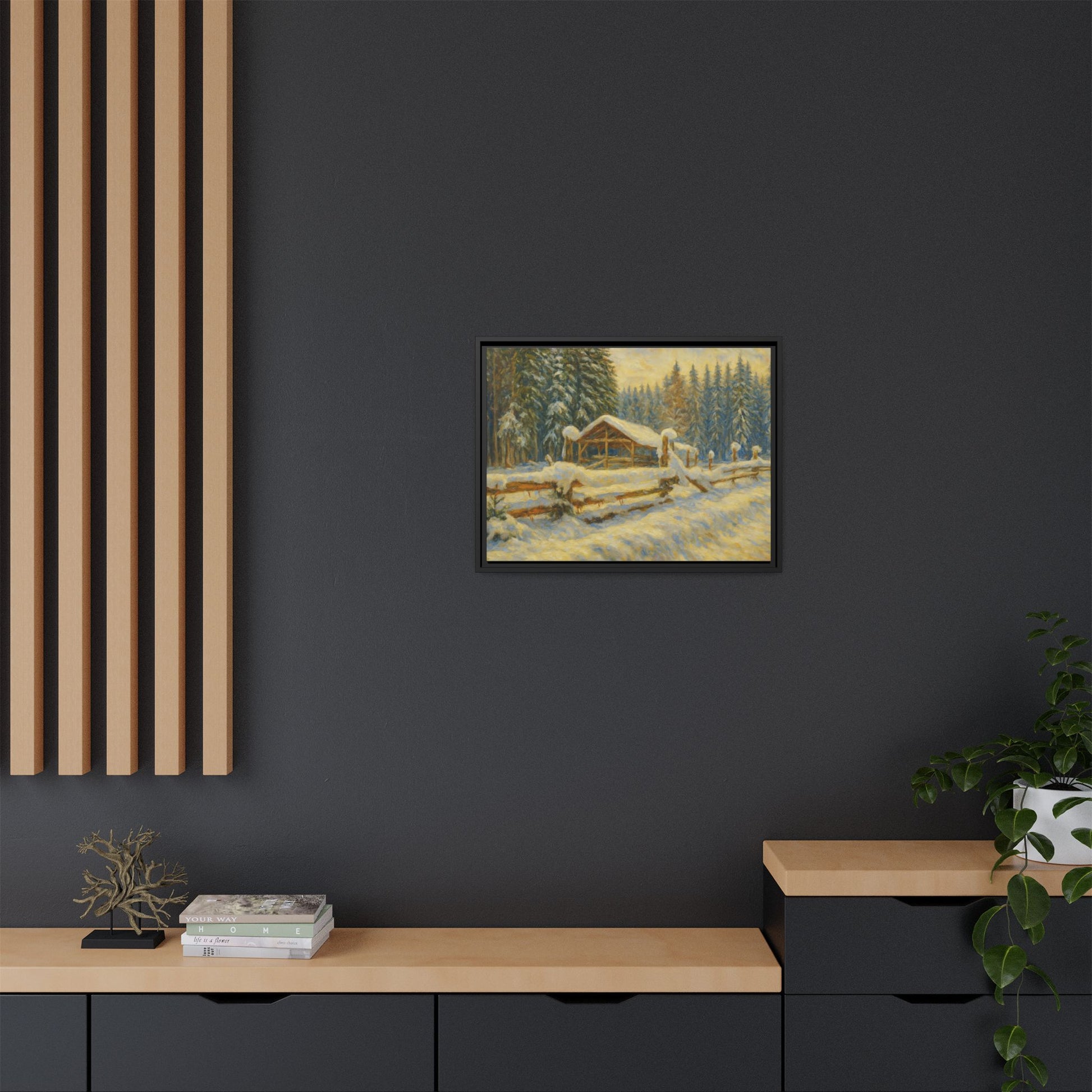Snowy cabin winter landscape canvas wall art by Printify, featuring a cozy mountain scene in a matte framed print.