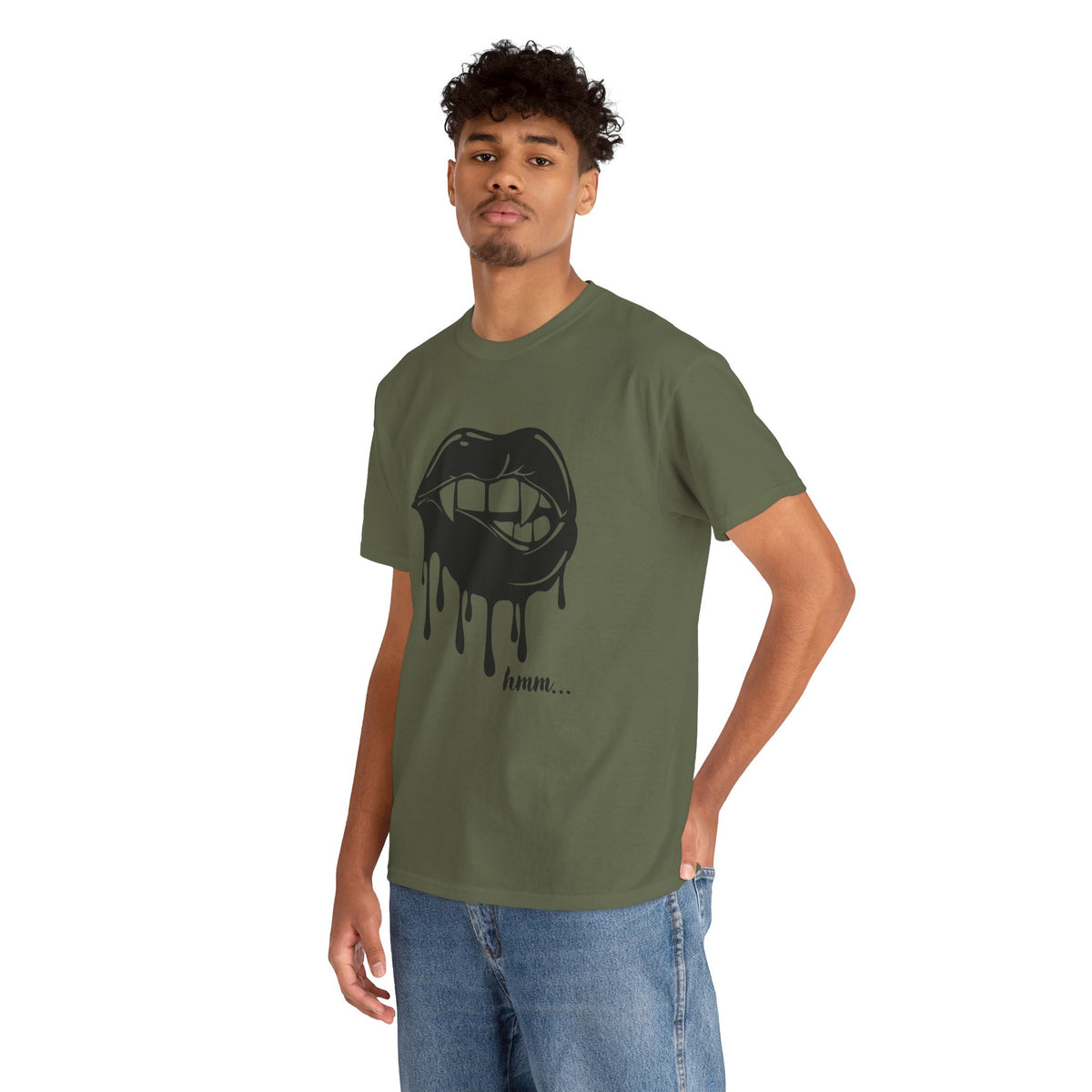 Black graphic t-shirt by Printify featuring dripping lips and 'hmm...' bite design on the front.