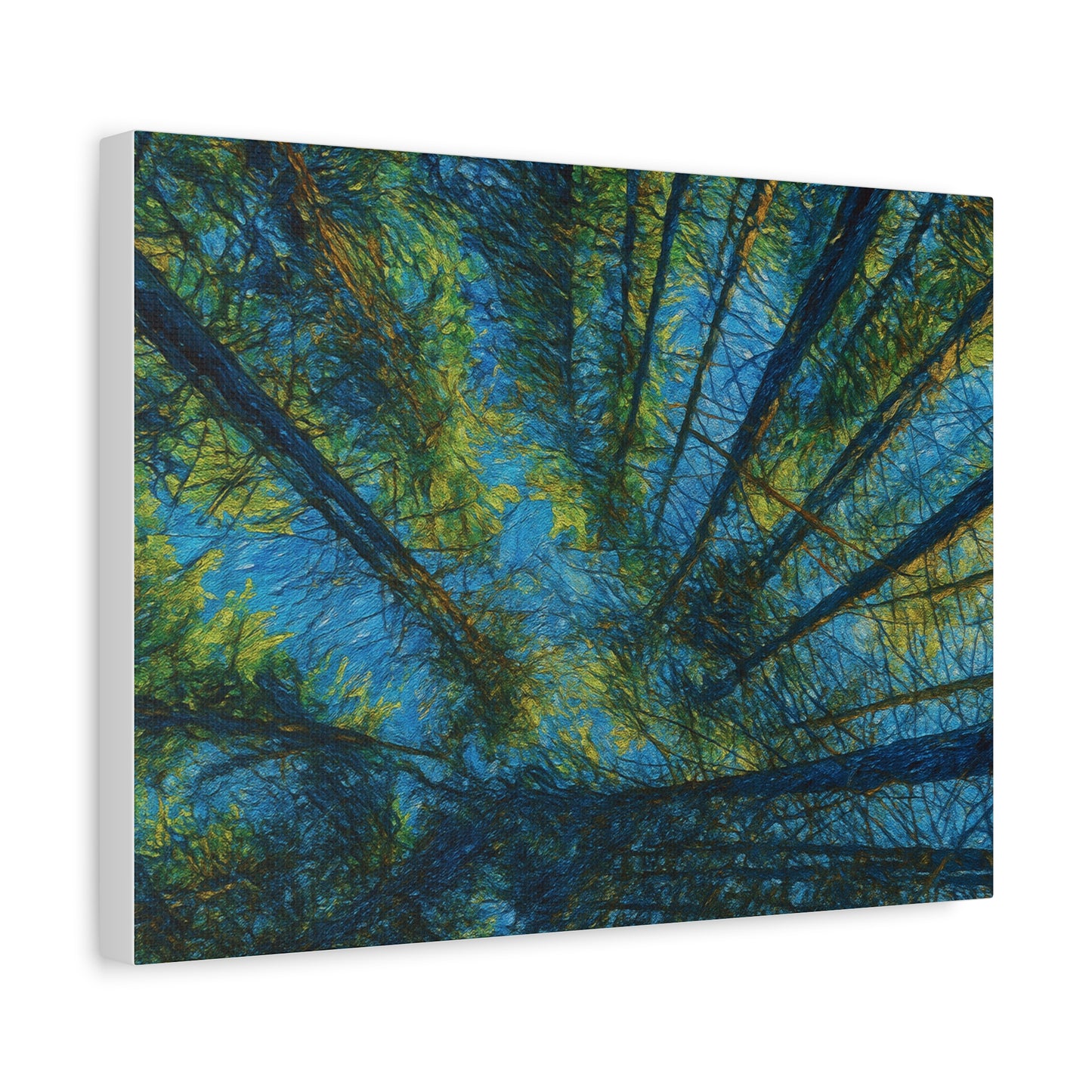 Forest Canopy Matte Canvas Wall Art — Upward View of Trees, Blue & Green Nature Print