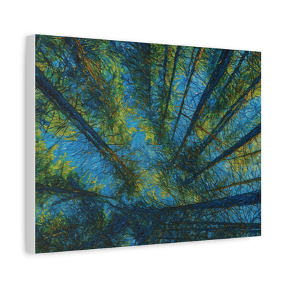 Forest Canopy Matte Canvas Wall Art — Upward View of Trees, Blue & Green Nature Print