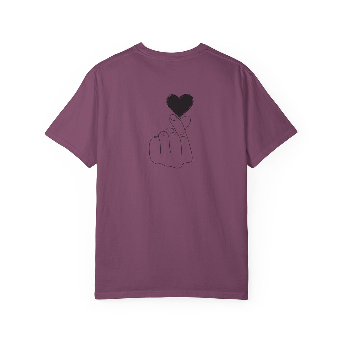 Black T-shirt with a minimal white finger heart graphic, casual style, from Printify.