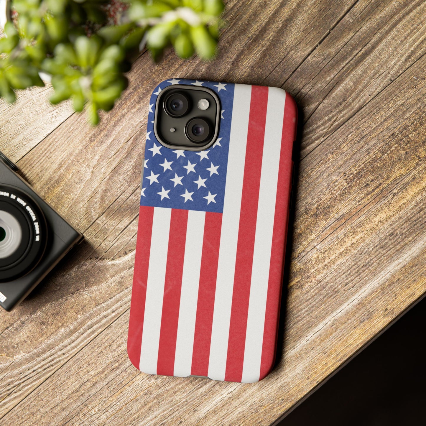 American flag tough phone case for iPhone and Samsung, patriotic protective cover with bold flag design by Printify