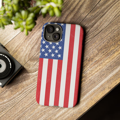 American flag tough phone case for iPhone and Samsung, patriotic protective cover with bold flag design by Printify