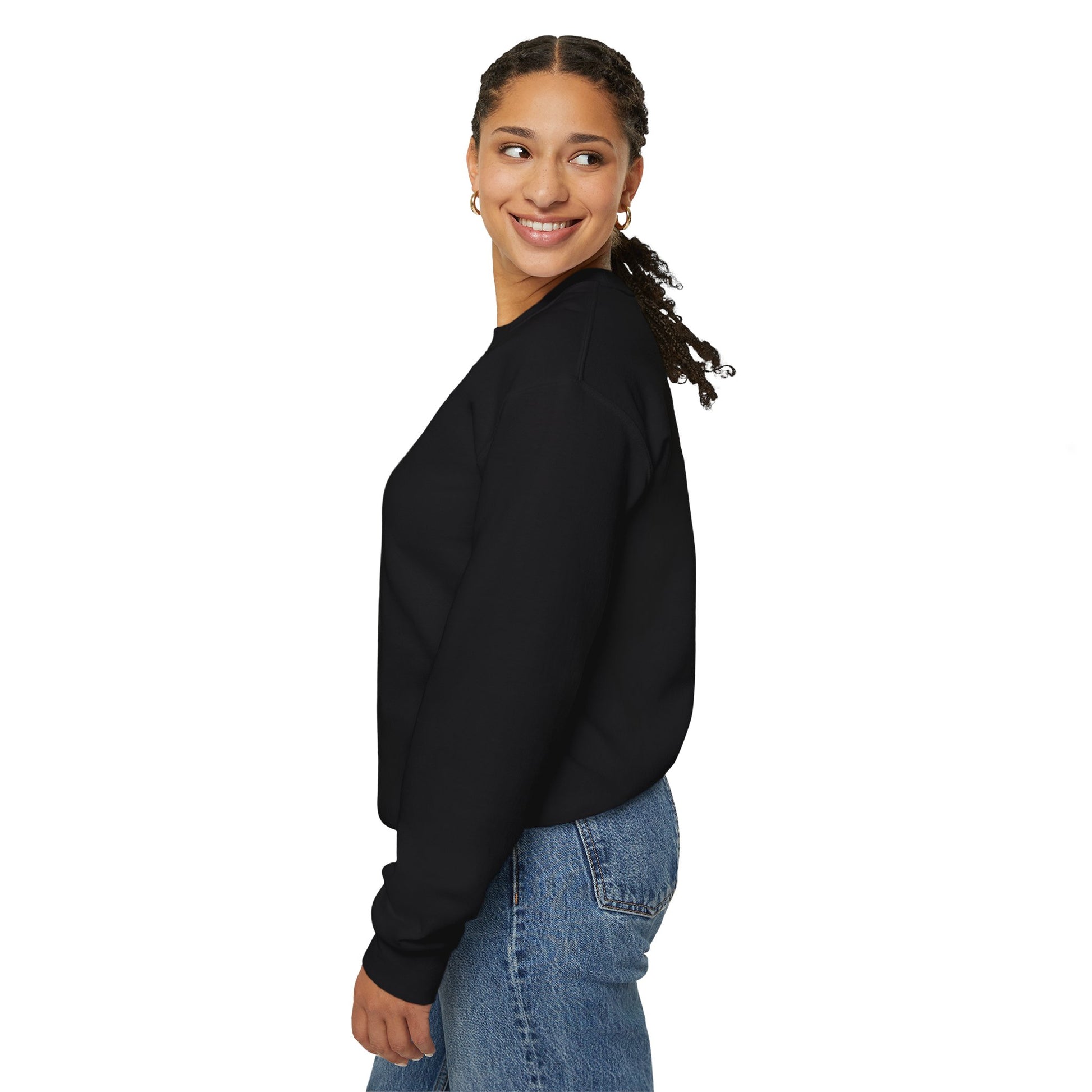 Vampire portrait crewneck sweatshirt by Printify featuring a detailed vampire face illustration on a cozy black sweatshirt.