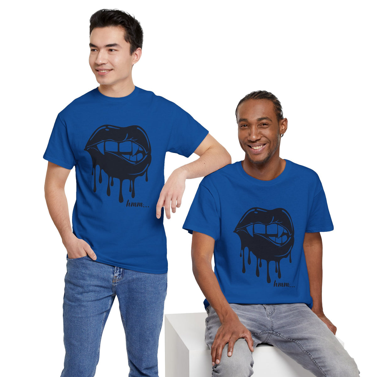 Black graphic T-shirt by Printify featuring a dripping lips design with the text "hmm..." printed across the front.