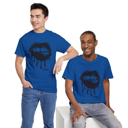 Black graphic T-shirt by Printify featuring a dripping lips design with the text "hmm..." printed across the front.