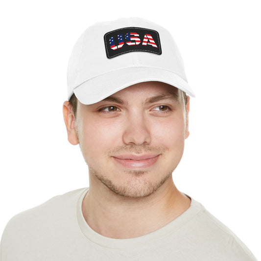 Printify dad hat with leather rectangle patch, adjustable cotton cap, casual men's hat, front view showing patch detail.