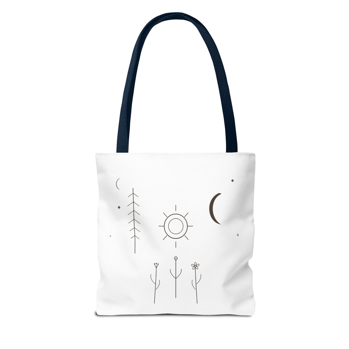 Minimal Moon and Sun botanical tote bag with celestial line art design, featuring nature-inspired artwork on a durable fabric bag.